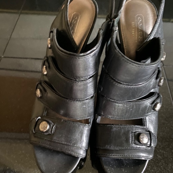 COACH SANDRA CALF BLACK LEATHER OPEN TOE STRAPPY HEELS PLATFORM Size 8 - Picture 4 of 15
